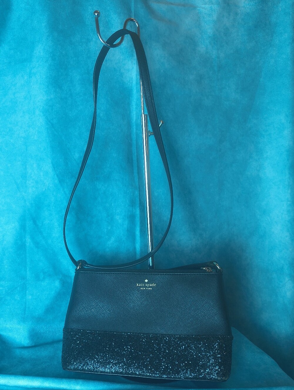 Kate Spade Black Sparkle Gold Crossbody Long Strappy Small Zip Purse Bag